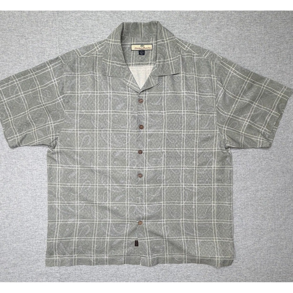 Tommy Bahama Mens XL Silk Camp Shirt Sage Green Paisley Grid Button Down